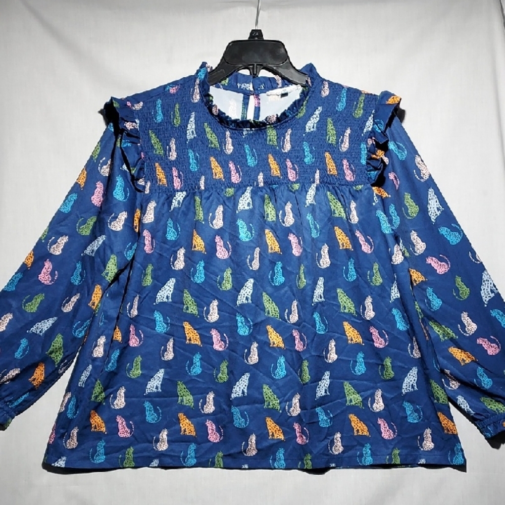 Michelle Mcdowell All‎ Over Leopard Pattern Navy Ruffled Womens Top Size XL